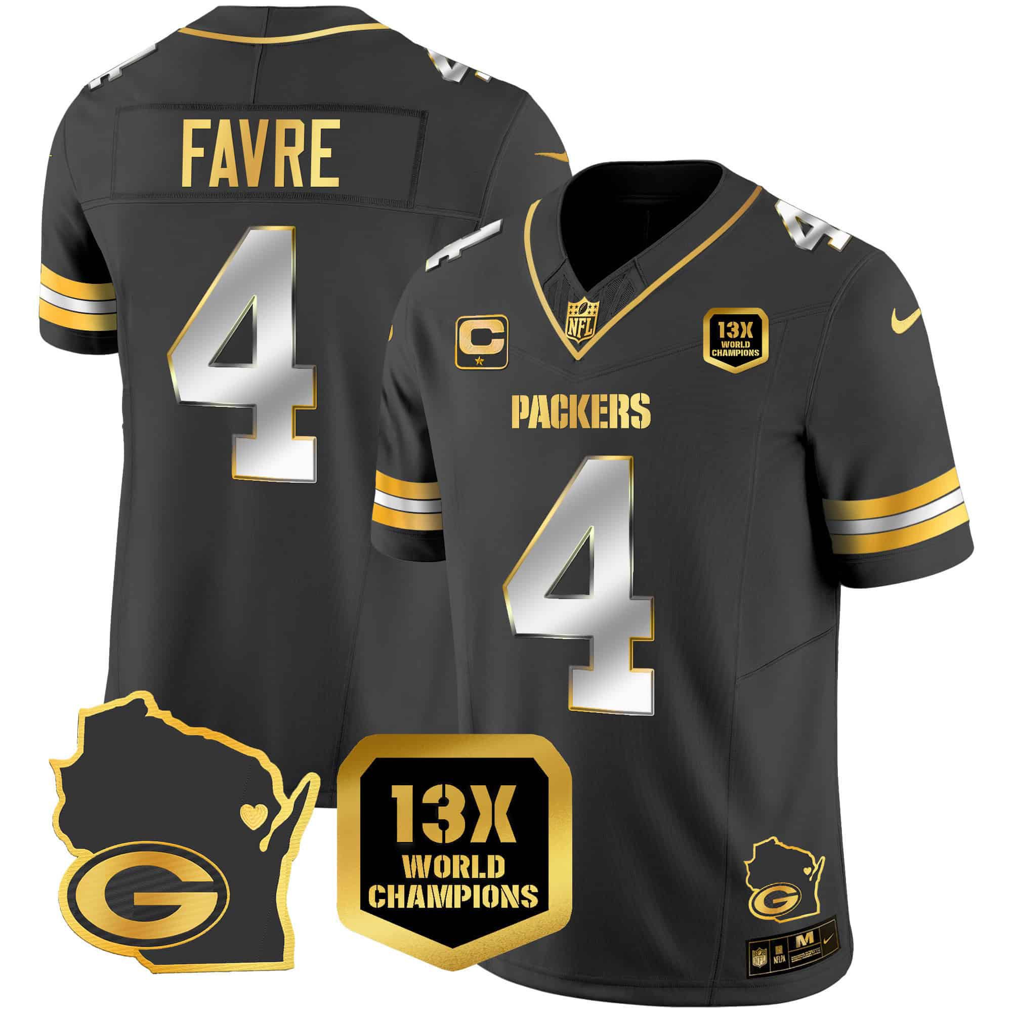 Men Green Bay Packers #4 Favre Black Gold 2024 Nike World Champions Home Patch Vapor NFL Jersey style 1->indianapolis colts->NFL Jersey